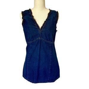 MetroStyle Vintage Blue Denim Tunic Y2k Top Sleeveless Ruffle Trim Womens 14